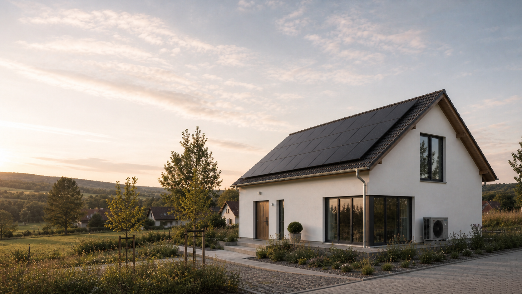 Modernes Wohnhaus mit Wärmepumpe und Photovoltaikanlage am Ortsrand